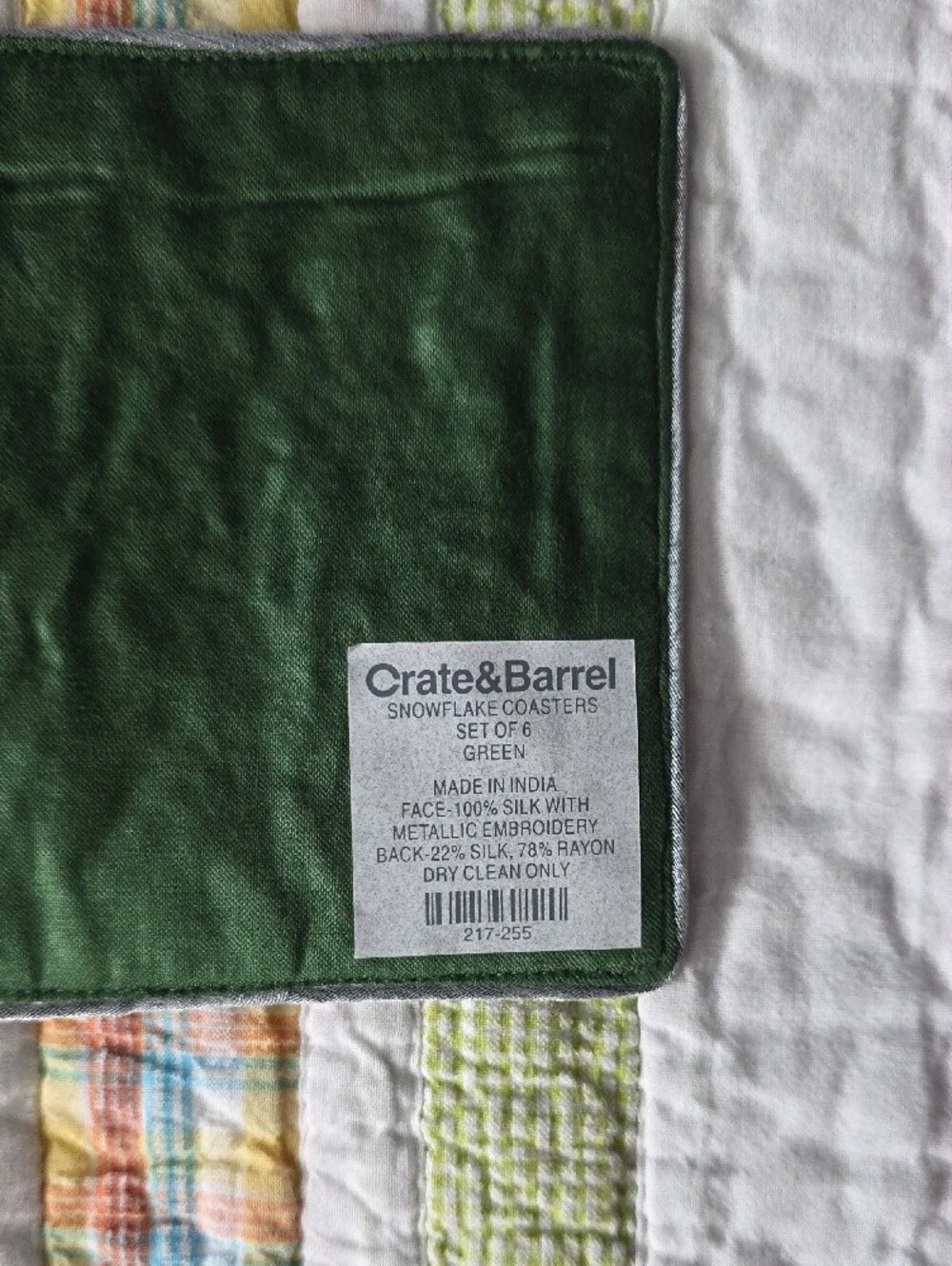 Crate & Barrel Dark Green Snowflake Coaster Set of 6